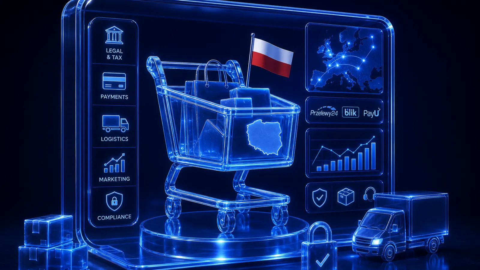Кошик із прапором Польщі та іконками податків, платежів і логістики — запуск інтернет-магазину в Польщі